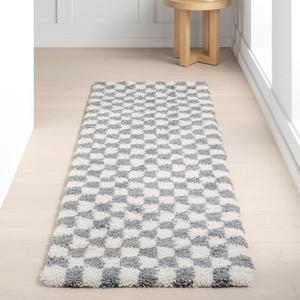 Ковер nuLOOM, 82 x 244 см, Adelaide Checkered Runner Shag для гостиной, спальни, столовой, детской, прихожей, коридора, кухни, светло-серый/кремовый