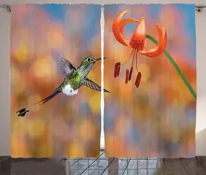 Штора ABAKUHAUS "Птица в деревенском стиле", "Ракетный хвост", лилия, нектар, штора для спальни, присборенная, с петлями и крючками, 280 x 175 см, цвет: оранжево-зеленый Abakuhaus