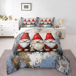 Erosebridal Комплект постельного белья Christmas Gnome с зимними гномами в винтажном омбре стиле, Red White Khaki