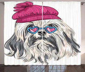 Штора ABAKUHAUS в стиле инди-рустик, Lowchen Dog Glasses Hat, присборенная штора для спальни с петлями и крючками, 280 x 225 см, цвет: серый, розовый, синий