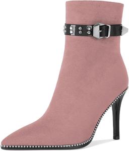 Younton Женские ботильоны на высоком каблуке-стилет с бусинами, заостренным носком, боковой молнией и пряжкой, из матовой кожи, 3,5 дюйма