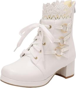 Женские ботильоны на молнии с двойной пряжкой, короткие ботинки на платформе с каблуком-блоком, с милыми украшениями для косплея и повседневной носки XIEPP, White