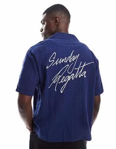 Рубашка свободного кроя в полоску темно-синего цвета Bershka