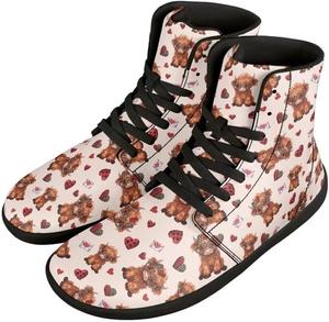 Женские широкие ботинки на босу ногу до щиколотки ко Дню святого Валентина с нулевым перепадом подошвы, противоскользящие высокие кроссовки для спорта GETELINSENG, Highland Cow Heart