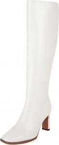 Женские сапоги до колена с высоким каблуком, квадратным носком и массивным каблуком, высокие сапоги с боковой молнией, длинные кожаные сапоги Generic, White