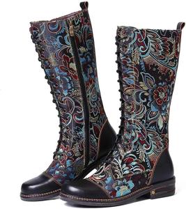 Женские ковбойские сапоги Aceptolcom с широкой голенью, вышитые цветами сапоги средней длины, деревенские сапоги, рыцарские сапоги, вестерн сапоги, Black
