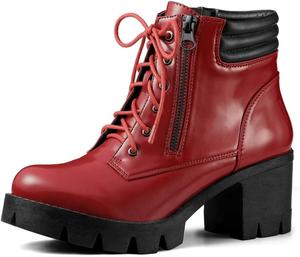 Женские боевые ботинки Allegra K с округлым носком, массивным каблуком, шнуровкой и молнией, Rot/Ausflug, Einfarbig (Getaway Solids)