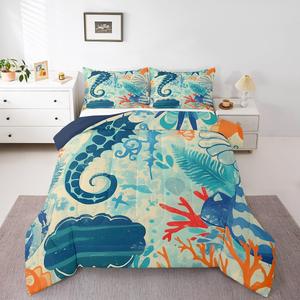 Erosebridal Комплект постельного белья Seahorse Queen с морским принтом из тропических кораллов и ракушек, Teal Blue Red Orange