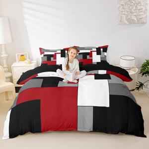 Erosebridal Абстрактный комплект постельного белья Red Grey Geometric с геометрическим узором в современном стиле, Red Black Grey