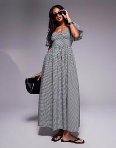 Платье миди River Island с рукавами-фонариками и отделкой в ​​клетку черного цвета