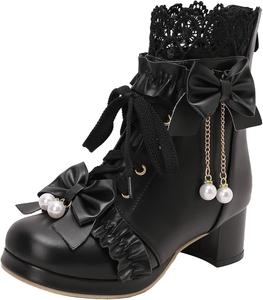 Женские винтажные лолита ботильоны, милые ботинки на массивном каблуке с бантом для чайной вечеринки и косплея XIEPP, Black