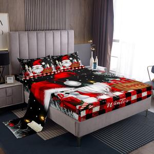 Erosebridal Комплект постельного белья с новогодним принтом гномов и снежинок в красно-черной гамме, Red Black