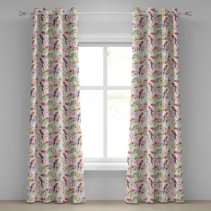 Штора на люверсах ABAKUHAUS Лес с попугаями и ловцами снов в этническом стиле, духовные символы народного искусства, декоративные двухпанельные шторы, 280 см x 245 см, разноцветные