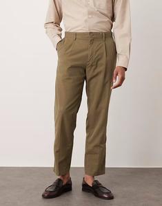 Брюки строгого кроя из смеси хлопка темно-зеленого цвета со складками спереди Mango