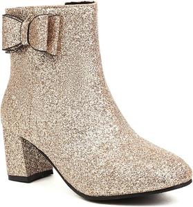 Женские модные блестящие ботильоны с бантом, с квадратным носком, на молнии, с массивным средним каблуком, для вечеринки JOEUSTY, Gold Golden