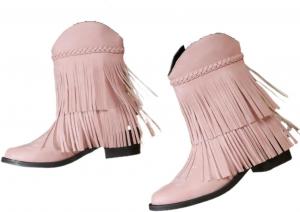 Женские западные ковбойские ботинки с округлым носком, короткие ботильоны с двойной бахромой, винтажный массивный каблук, ретро-стиль, обувь для осенне-зимних образов LokoLucx, Pink