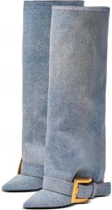 Женские сапоги с отворотом, зауженный носок, шпилька, высокие до колена, сексуальные праздничные туфли XEYANFYS, Denim