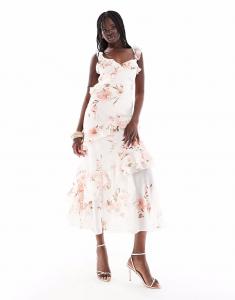 Платье макси с цветочным принтом и оборками New Look кремового цвета