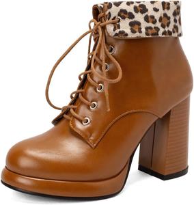 Женские массивные ботильоны на высокой платформе и каблуке с шнуровкой, круглым носком и манжетой, зимние нарядные короткие ботинки JOEUSTY, Brown-Velvet Lined