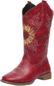 Женские ковбойские ботинки HINDOLA для широкой икры, черные, с вышивкой подсолнечника, вестерн стиль, средние по голенище, с квадратным носком, свадебные ботильоны