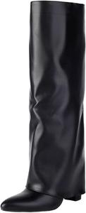 Женские сапоги до колена с отворотом, массивный высокий каблук, длинные сапоги с молнией, заостренный носок, праздничные высокие сапоги для женщин Generic, Black