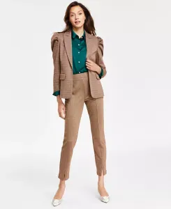 Женский блейзер в клетку с узором «гусиная лапка» с рукавами-фонариками, блузка на пуговицах и брюки в клетку с узором «гусиная лапка» с разрезами по низу CeCe, красный