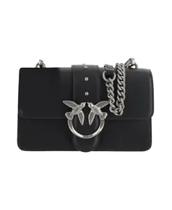 Кожаная сумка с клапаном, украшенная изображением влюбленных птичек. Pinko, черный