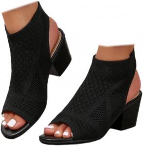 Женские вязаные сандалии на высоком толстом каблуке с открытым носком, ремешком сзади и массивным каблуком, ботильоны Generic, Black