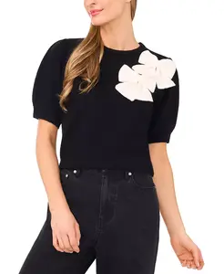 Женский свитер с короткими рукавами и аппликацией из лент CeCe, черный