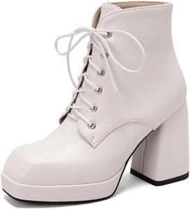 Женские ботильоны Aflngle на шнуровке с квадратным носком, массивным высоким каблуком, короткие, повседневные, в стиле панк, мотоциклетные, White