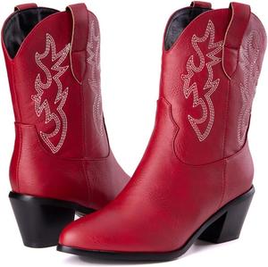 Женские ковбойские сапоги Alyaafifa Mid Claf Western с вышивкой, массивным блочным каблуком, заостренным закрытым носком и удобным верхом для езды, Red