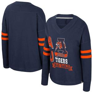 Женская футболка с длинным рукавом и V-образным вырезом, оверсайз, в стиле distressed, цвет navy auburn tigers violet Colosseum