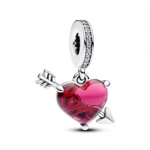 Шарм Pandora Red Heart & Arrow Murano Glass Dangle Charm, стерлинговое серебро