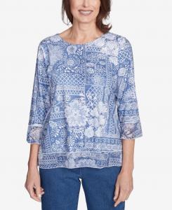 Женская кружевная блузка с цветочным лоскутным узором и круглым вырезом в стиле Цветочная сила Alfred Dunner, Blue