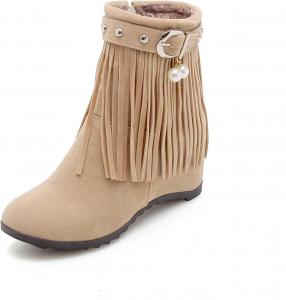 Женские ботильоны на танкетке с этнической бахромой, заклепками, средней высоты, с боковой молнией, круглым носком, удобные, с меховой подкладкой, теплые ретро-вестернские RiceelSor, Apricot