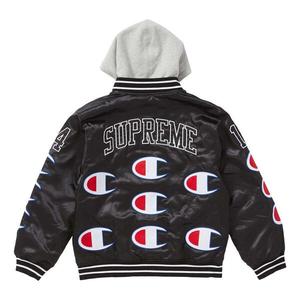 Куртка fw18 champion hooded satin varsity jacket black Supreme, черный