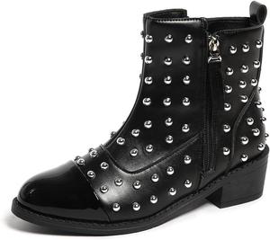 Женские ботильоны с заклепками на щиколотке - с боковой молнией, панк-металлической отделкой, на массивном низком каблуке, байкерские ботинки с заклепками, удобная модная кожаная обувь Generic, Black