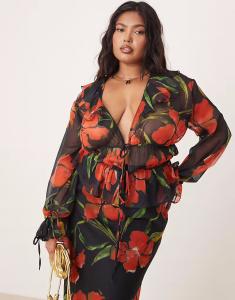 Шифоновый топ с длинными рукавами и оборками ASOS DESIGN Curve с цветочным принтом
