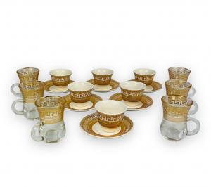 Кофейный сервиз из 18 предметов, чайный сервиз на 6 персон, чашки для эспрессо Medusa Meander Gold, чашки для мокко и стаканы для чая с блюдцем Luxury Pur 100 мл в подарочной упаковке Bavary, золото