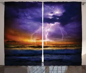 Штора ABAKUHAUS Natural Rustic, Эпическая атмосфера грома, присборенная тесьма для спальни с петлями и крючками, 280 x 225 см, фиолетовый и оранжевый Abakuhaus