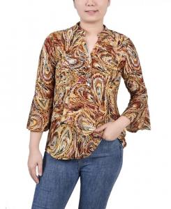 Женский топ с рукавами-колокольчиками и складками спереди, Y-образным вырезом NY Collection, мультиколор