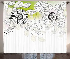 Штора для спальни ABAKUHAUS с деревенским цветочным рисунком, дикие полевые растения, с присборенной лентой, петлями и крючками, 280 x 245 см, черный, натуральный зеленый Abakuhaus