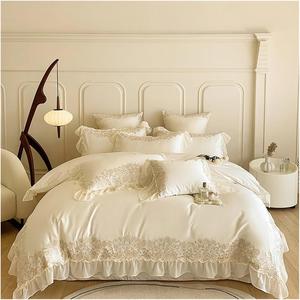UWYTGF Комплект постельного белья из французского кружева с вышивкой, хлопок, бежевый Beige