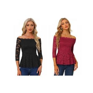 2 упаковки элегантной блузки с кружевом для женщин, полупрозрачная, с рукавом 3/4, офф-шолдер, с баской Inspire Chic, Black Burgundy