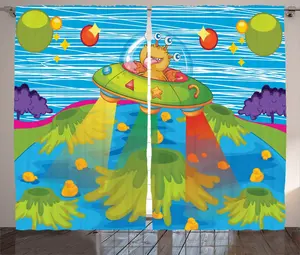 Штора в деревенском стиле "Foreigner" от ABAKUHAUS, для детей в космическом корабле, присборенная штора для спальни с петлями и крючками, 280 x 225 см, цвет: зеленый, синий Abakuhaus