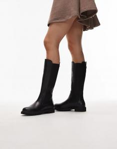 Длинные кожаные ботинки Tommy Hilfiger на плоской подошве черного цвета