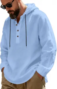 Мужская льняная рубашка с капюшоном, длинный рукав, четверть пуговиц