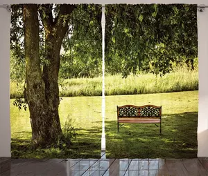 Штора ABAKUHAUS Natural Rustic, деревянная скамейка в парке, универсальная ленточная штора для гостиной с петлями и крючками, 280 x 175 см, зелено-коричневый Abakuhaus