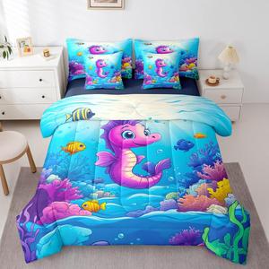 Erosebridal Комплект постельного белья Kawaii Seahorse Full Size с морскими обитателями, мягкий материал, мультяшный подводный мир, Blue Green