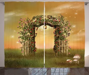 Штора ABAKUHAUS Fantasy Rustic, Садовое искусство с цветочным забором, универсальная ленточная штора для гостиной с петлями и крючками, 280 x 225 см, бледно-коричневый и зеленовато-коричневый цвета Abakuhaus